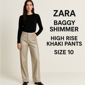✨ Zara Baggy Shimmer Wide Leg High Rise Khaki Pants  ~ Size 10 🍄